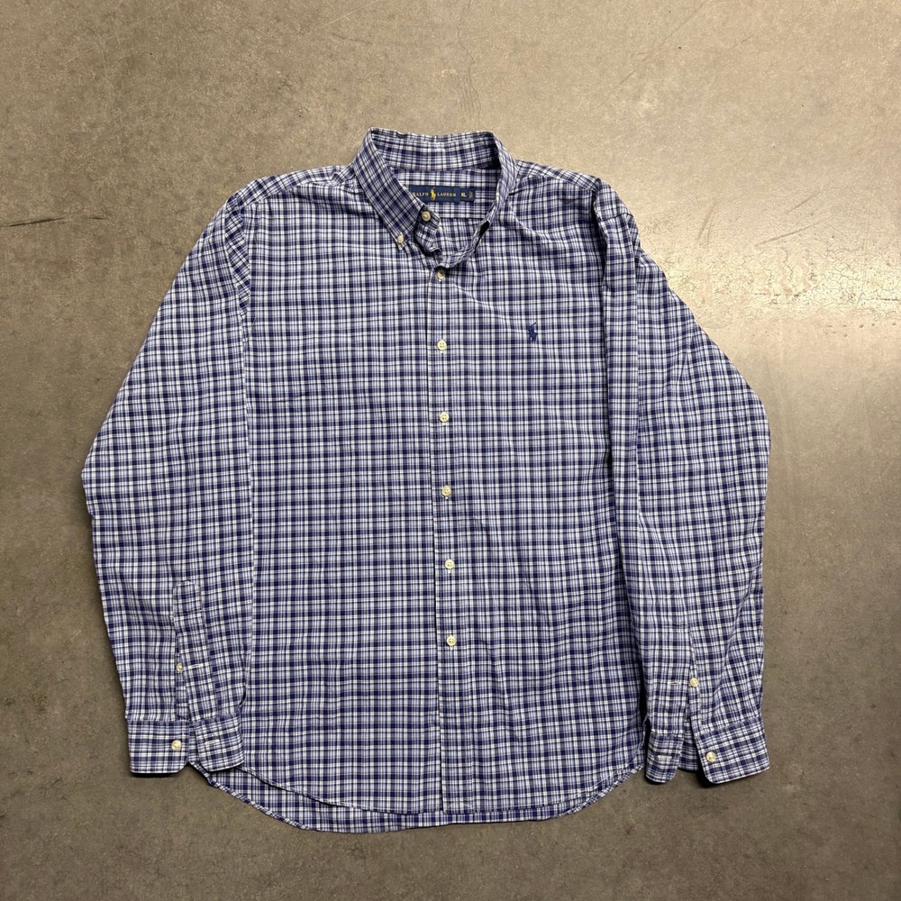 Ralph Lauren Mens XL Blue White Plaid Long Sleeve Button Down Shirt Pony Logo